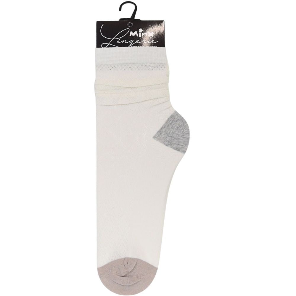 A single white crew sock with a diamond lattice pattern and contrasting grey heel and beige toe, hanging from a black plastic hanger with a 'Minx Lingerie' paper header card, on a solid white background.