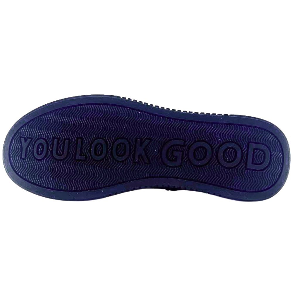 Black sole with 'You look good' detailing on a white background.
