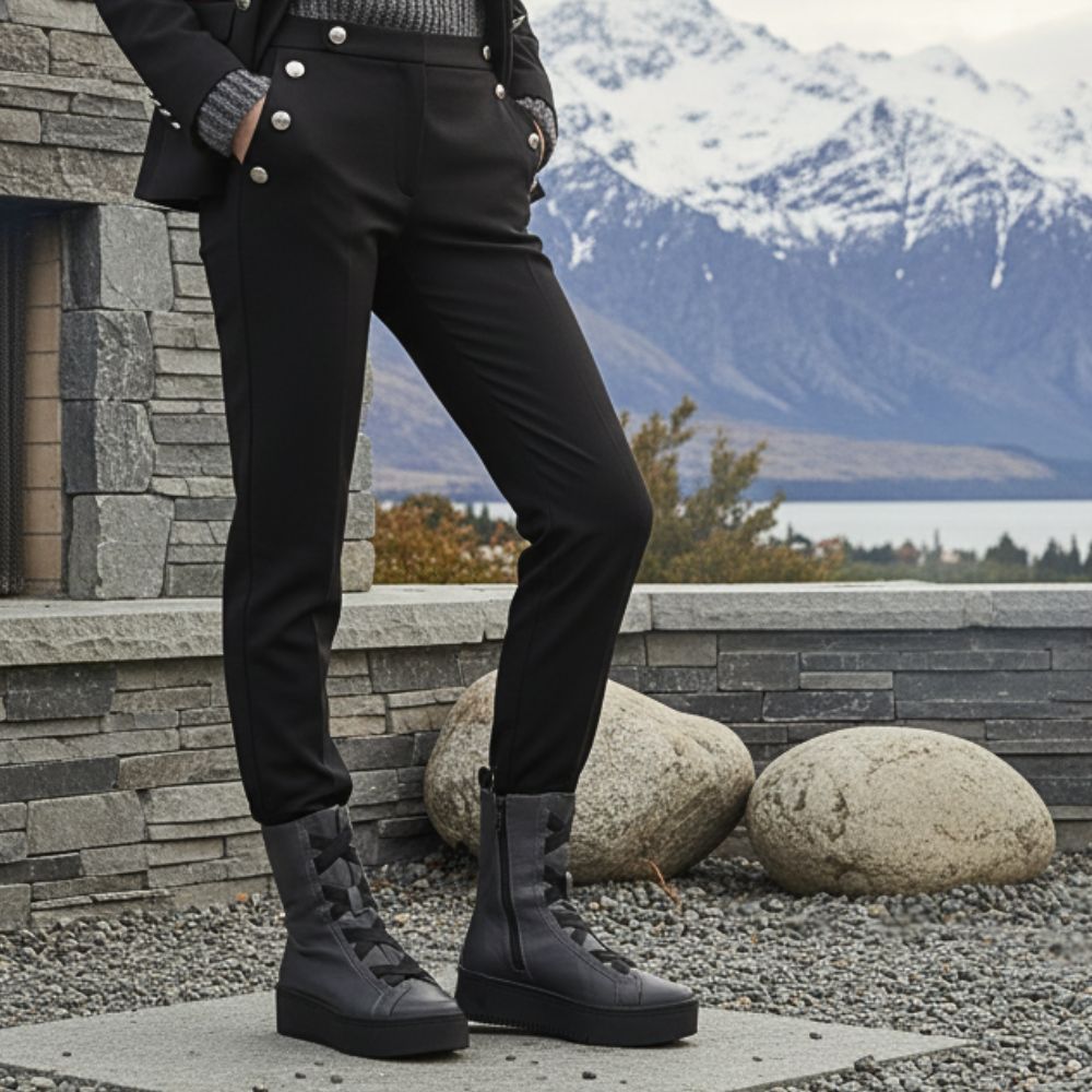 Person wearing black pants and grey and black boots standing in front of a stone wall with mountains in the background