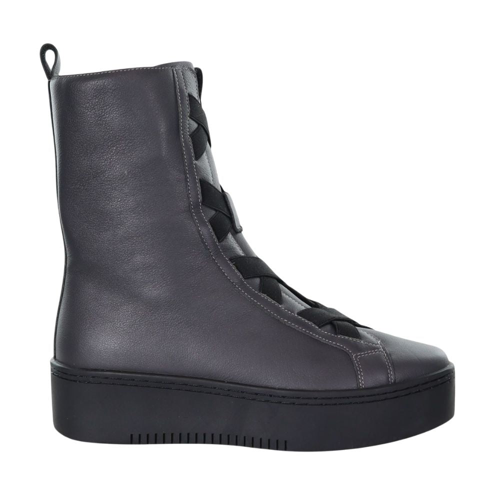 Grey leather boot with black sole and black criss-cross detailing on a white background