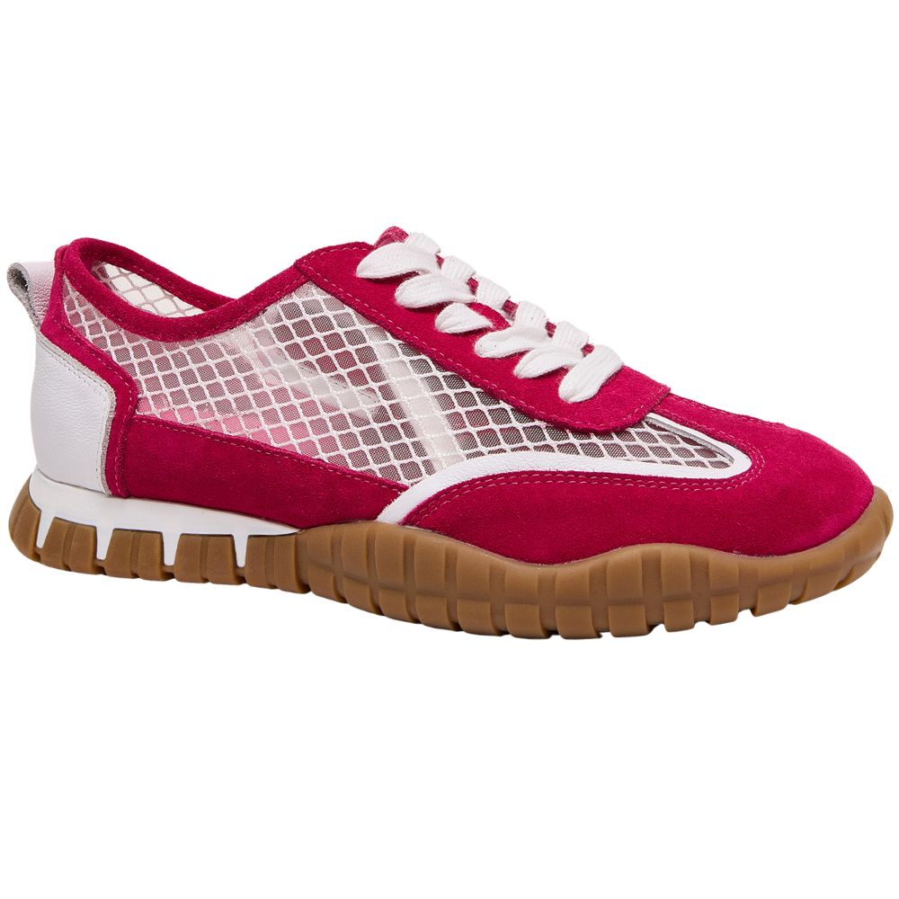 A low-top sneaker featuring a vibrant magenta pink suede upper with white mesh panels, white laces, a white heel counter, and a brown textured rubber sole, shown against a plain white background.