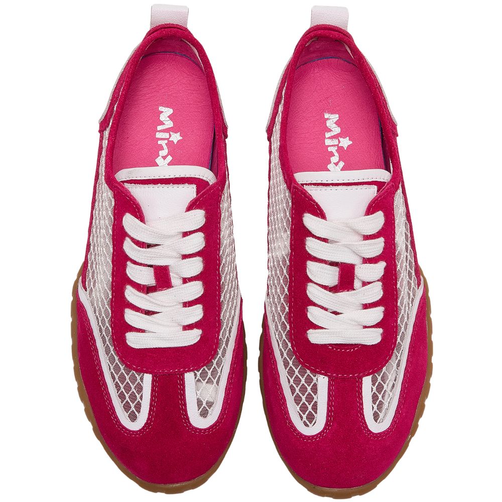 A pair of pink and white low-top sneakers shown from a top-down view on a plain white background. The shoes feature a suede-like pink upper with white mesh panels, white laces, and a gum-colored sole.