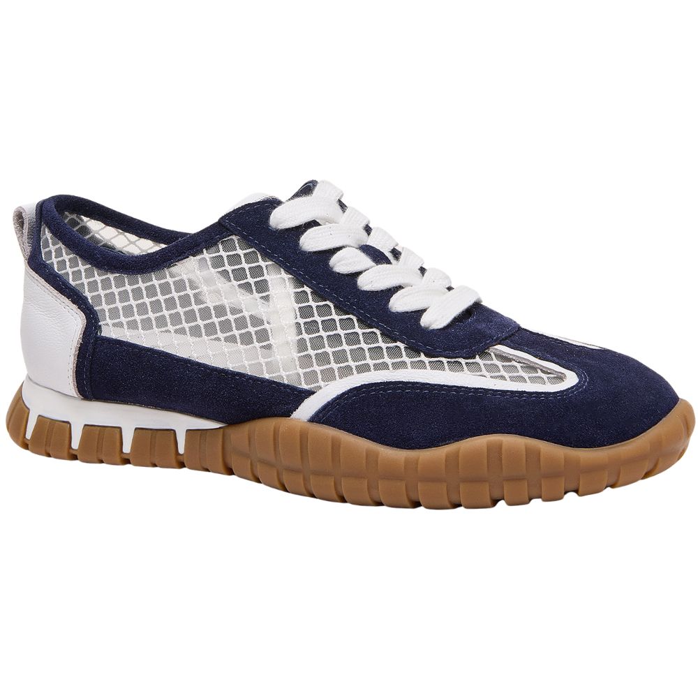 A low-top sneaker featuring navy blue suede overlays, white mesh panels, white laces, and a brown gum sole, shown against a plain white background.