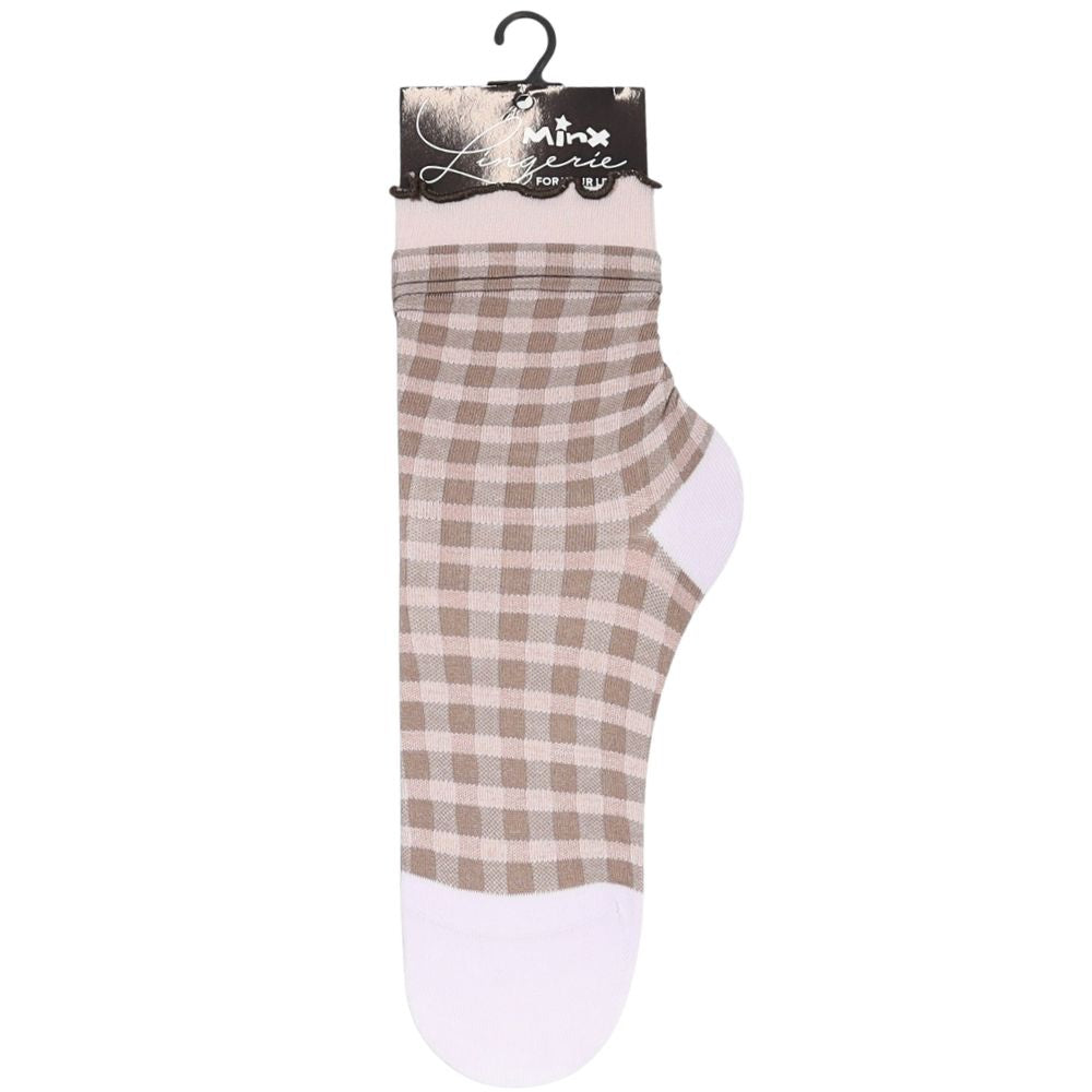 A single ankle sock with a beige, white and pale pink gingham check pattern, featuring solid white toe and heel sections, hanging on a black plastic hanger with a black paper header card.