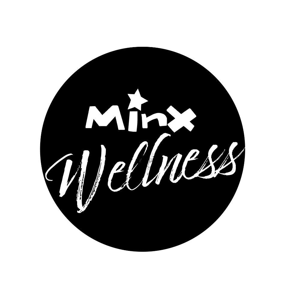 A circular black sticker or decal featuring the text 'Minx Wellness' in white brush-style lettering, centered on a plain white background.