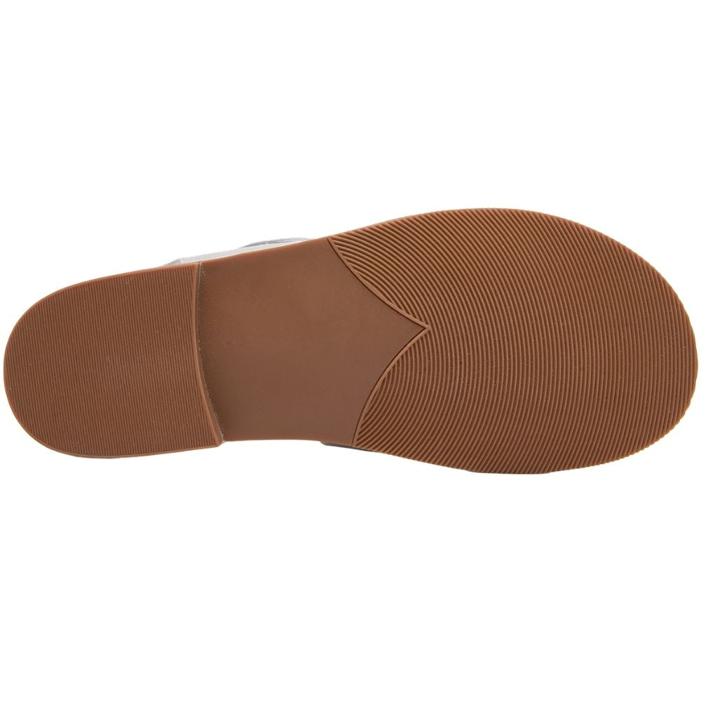 A top-down view of a brown shoe sole, showing a textured tread pattern on a plain white background.