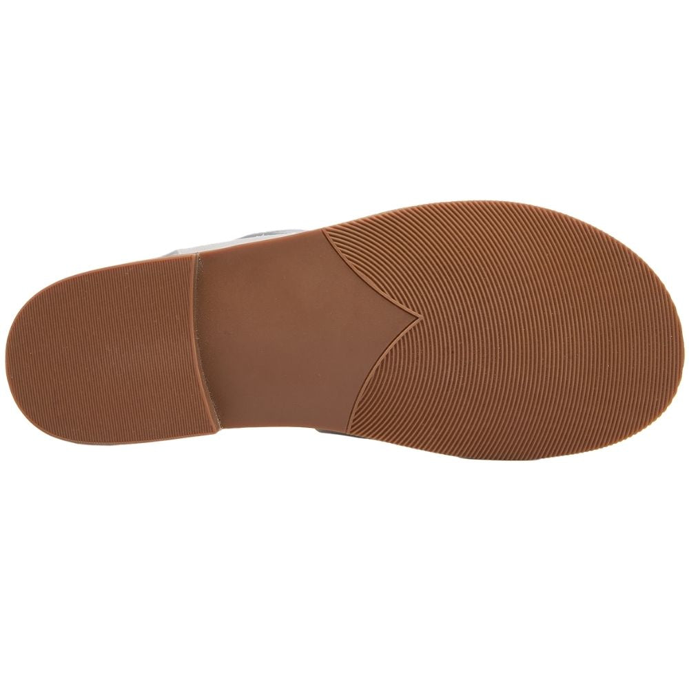 A top-down view of a brown shoe sole with a textured, ribbed pattern on the heel and toe, shown against a plain white background.