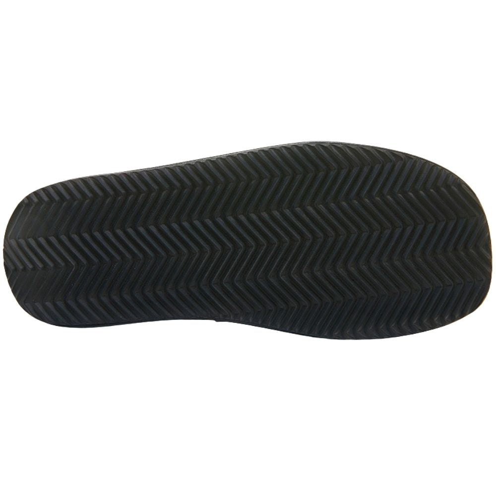 A close-up view of a black shoe sole with a textured chevron tread pattern, shown against a plain white background.