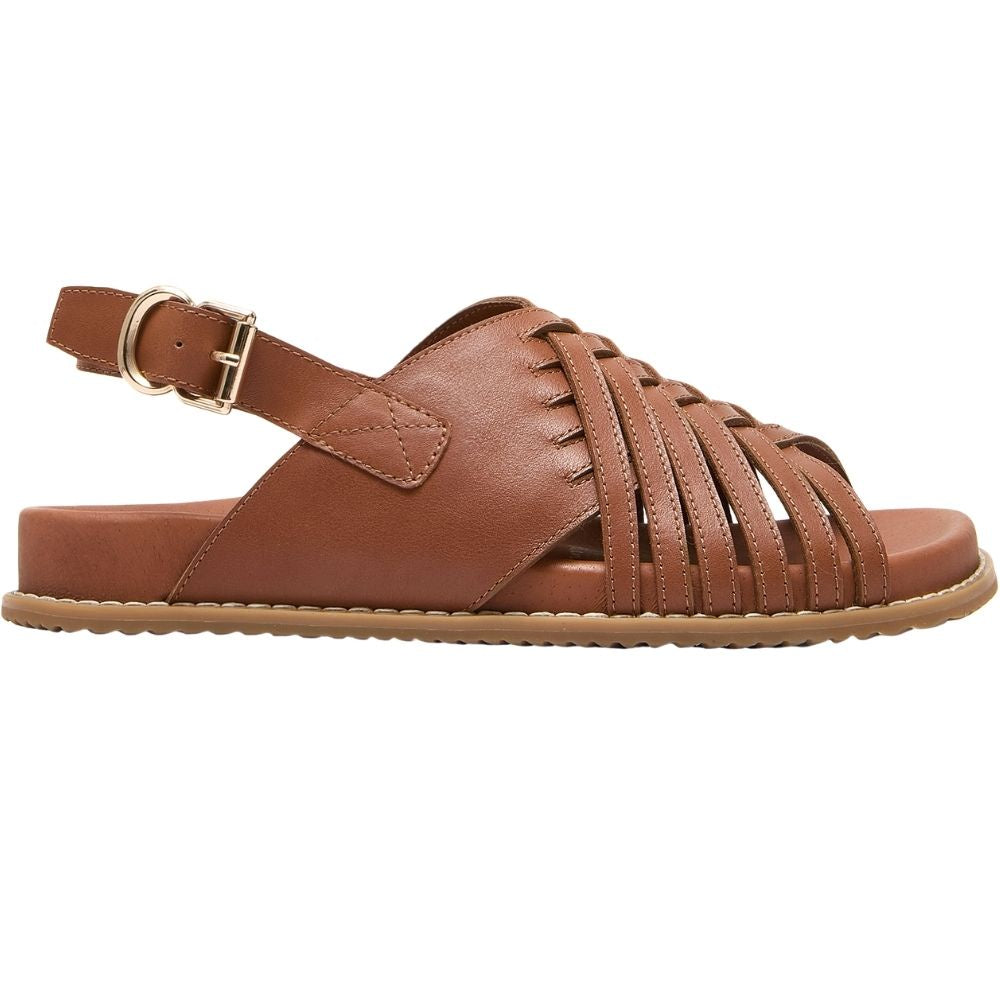 A brown leather strappy sandal with an adjustable ankle strap and gold-tone buckle, shown in a side profile on a white background.