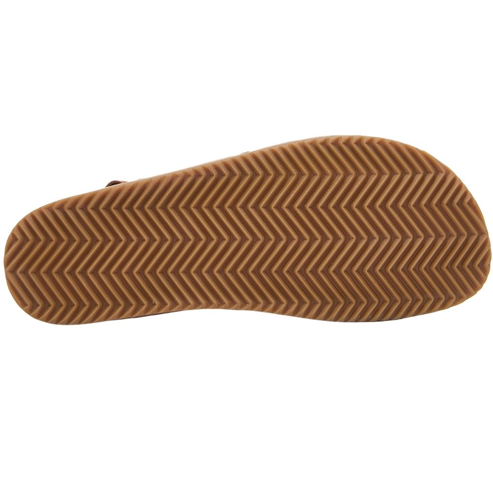 A close-up view of a brown herringbone-patterned rubber outsole of a sandal, shown against a plain white background.