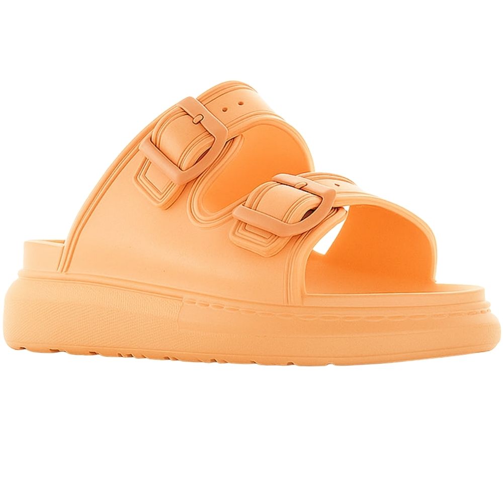 A single orange platform rubber slide sandal with two adjustable buckles, shown against a white background.