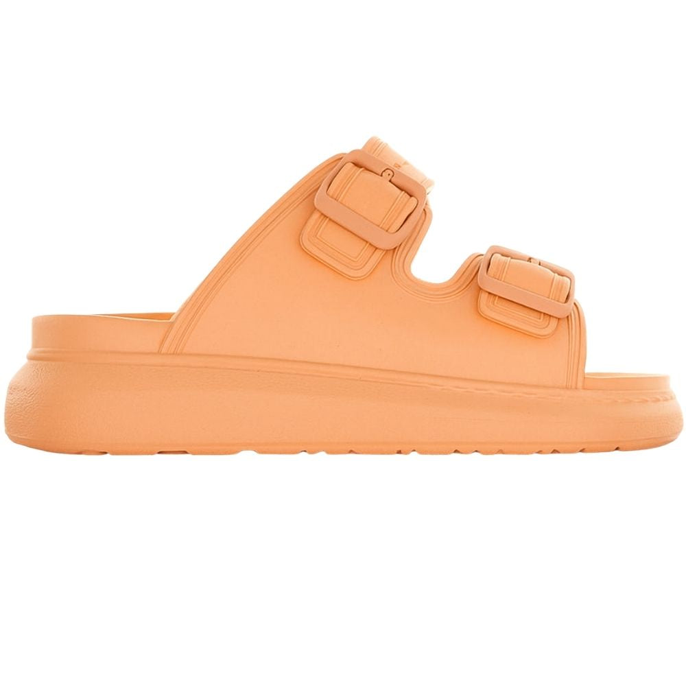 A single orange platform rubber slide sandal with two adjustable buckles, shown against a white background.