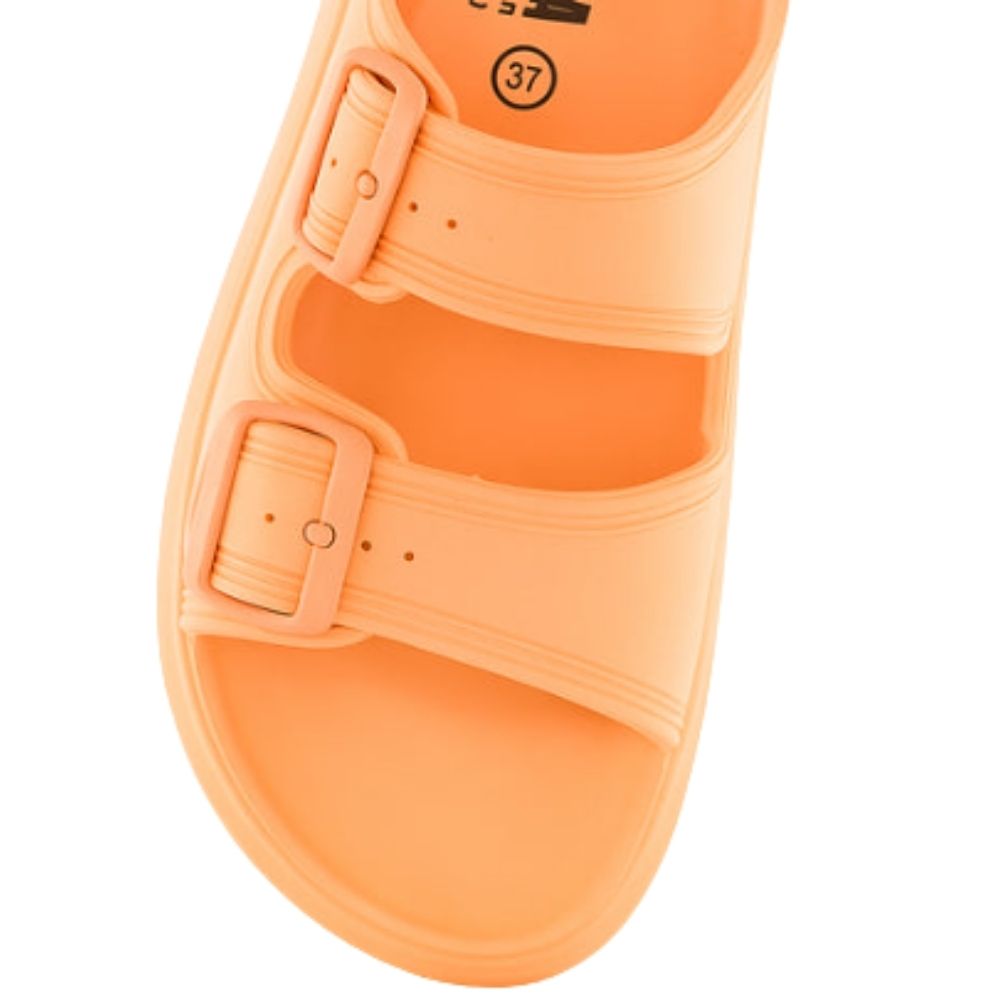 The top view of a single orange platform rubber slide sandal with two adjustable buckles, shown against a white background.