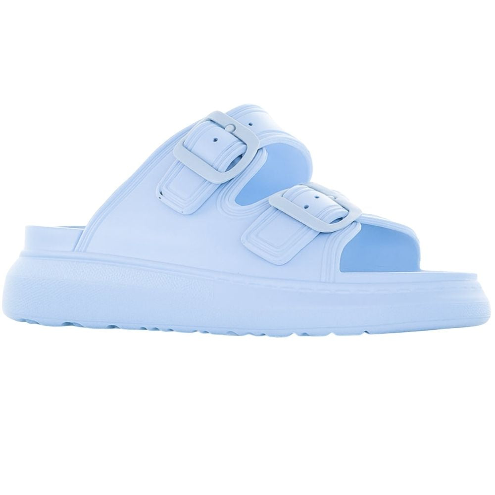 A single sky-blue platform rubber slide sandal with two adjustable buckles, shown against a white background.