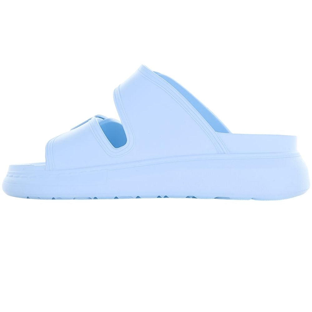 A single sky-blue platform rubber slide sandal with two adjustable buckles, shown against a white background.