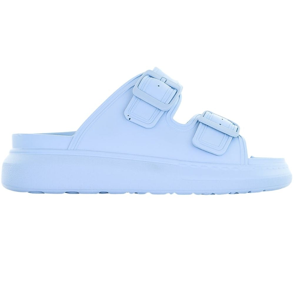 A single sky-blue platform rubber slide sandal with two adjustable buckles, shown against a white background.