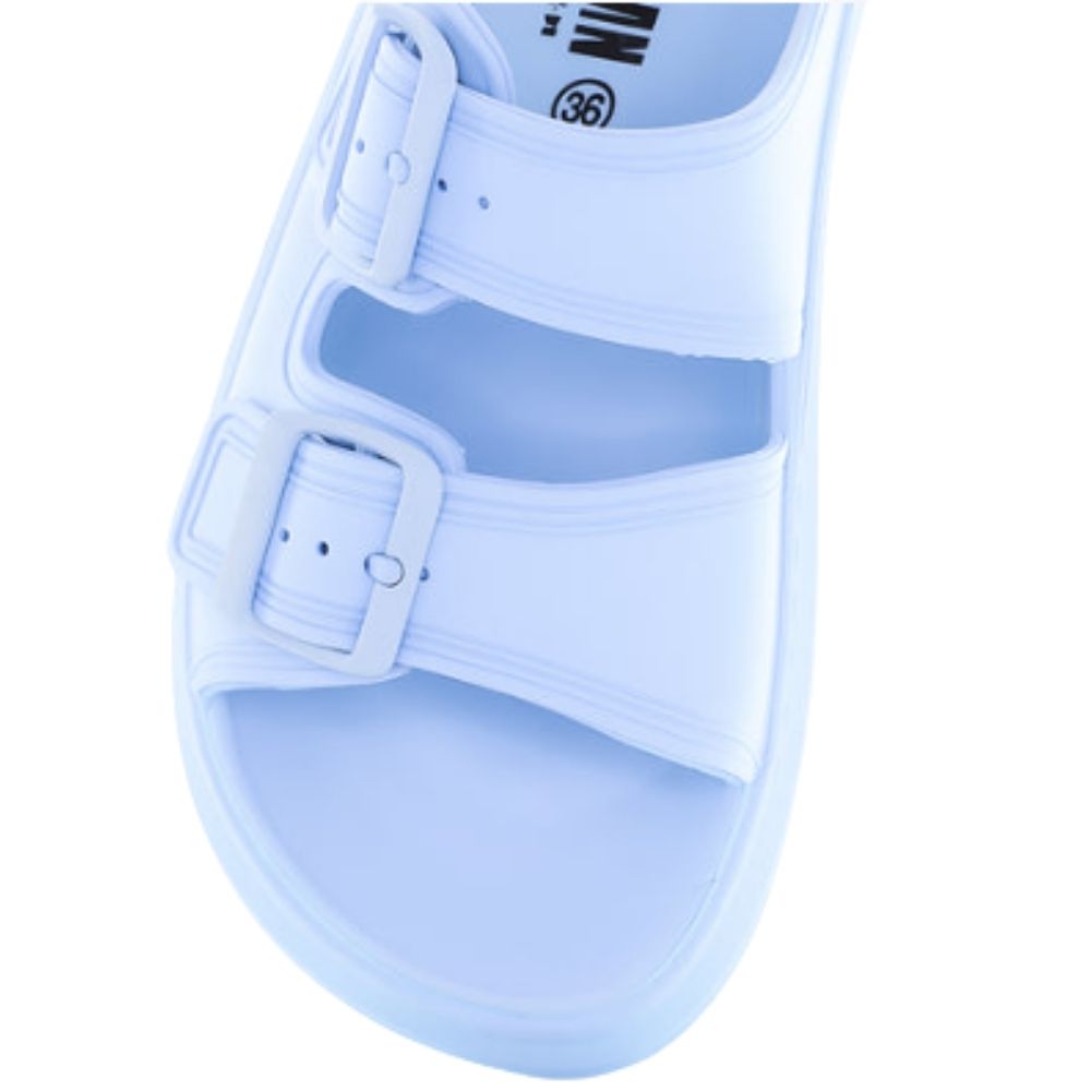 A single sky-blue platform rubber slide sandal with two adjustable buckles, shown from a top-down perspective against a white background.