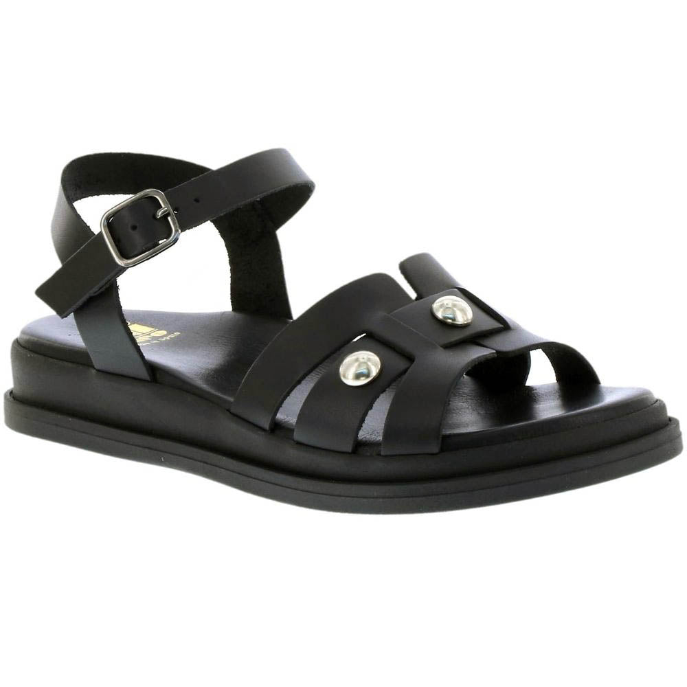 A black leather strappy sandal with an adjustable ankle strap, a thick platform sole, and silver decorative studs on the front straps, shown against a plain white background.
