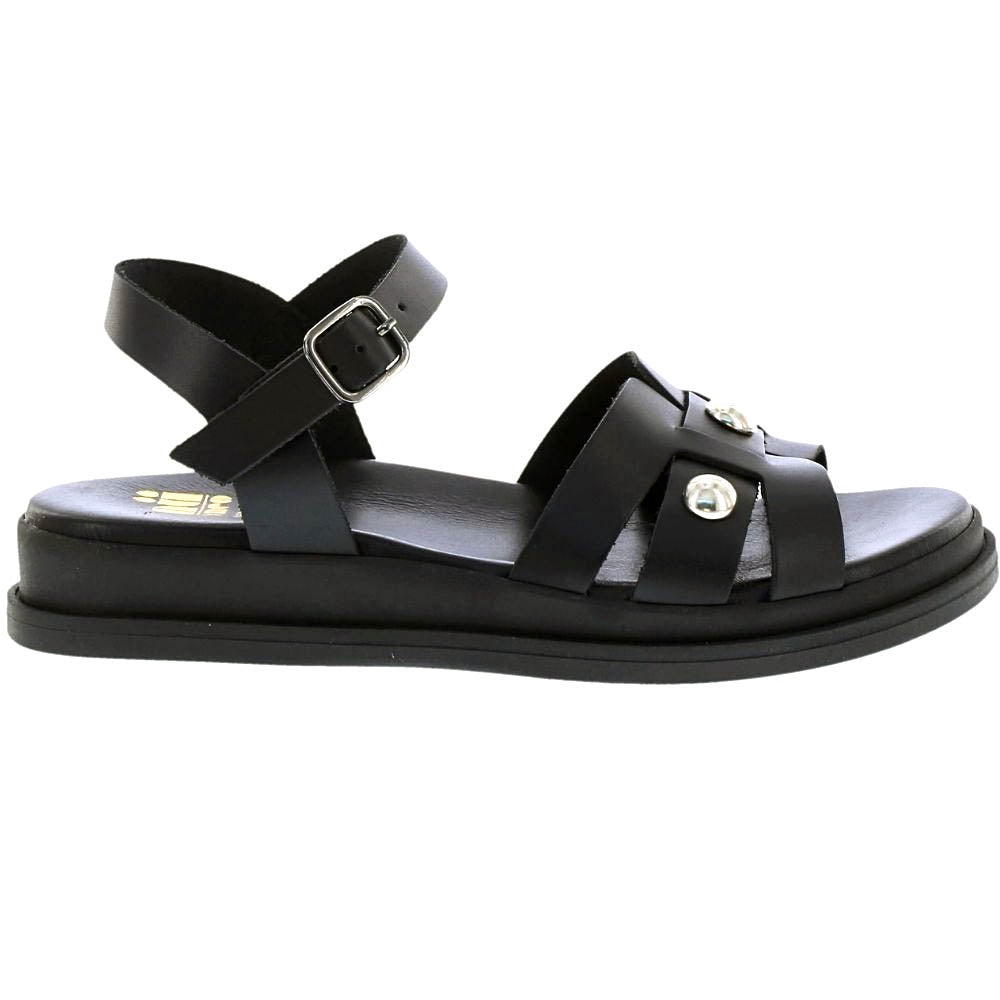 A black leather strappy sandal with an adjustable ankle strap, silver buckle, and decorative silver studs on the front straps, shown against a plain white background.