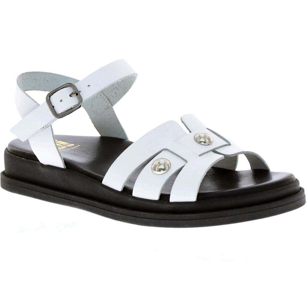 A white leather strappy sandal with a black platform sole and silver buckle and stud details, shown from a side profile on a white background.