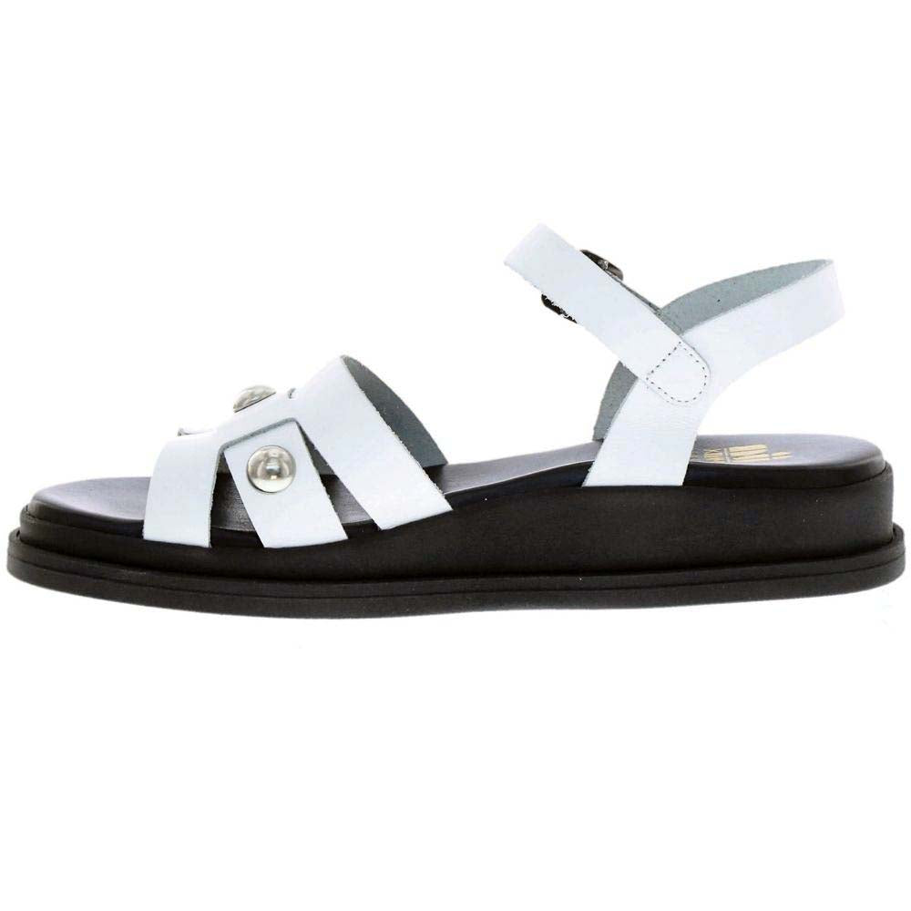 A white leather strappy sandal with silver-tone decorative studs and a black platform sole, shown in a side profile on a white background.