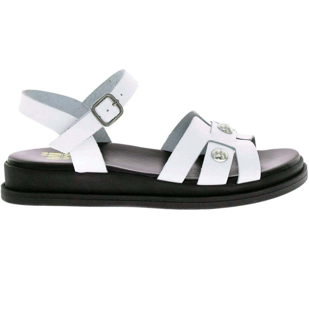 A white leather strappy sandal with a black platform sole and silver buckle and stud details, shown in a side profile on a white background.