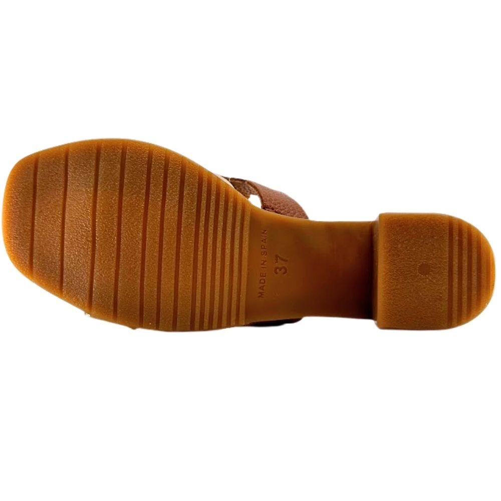 A close-up view of a brown sandal's sole, showing a textured rubber outsole with a block heel and size '37' printed in the center, isolated on a white background.