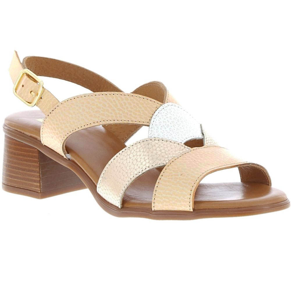 A women's block-heel sandal with crisscrossing straps in textured beige, metallic gold, and white, set against a plain white background.