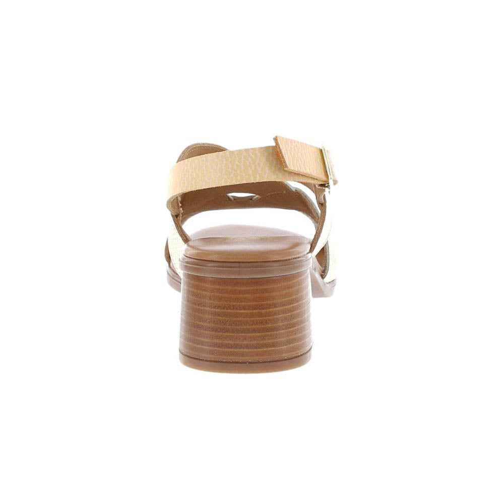 A single women's block-heel sandal shown from the back, featuring a textured leather beige strap with a gold buckle and a brown stacked block heel, set against a plain white background.