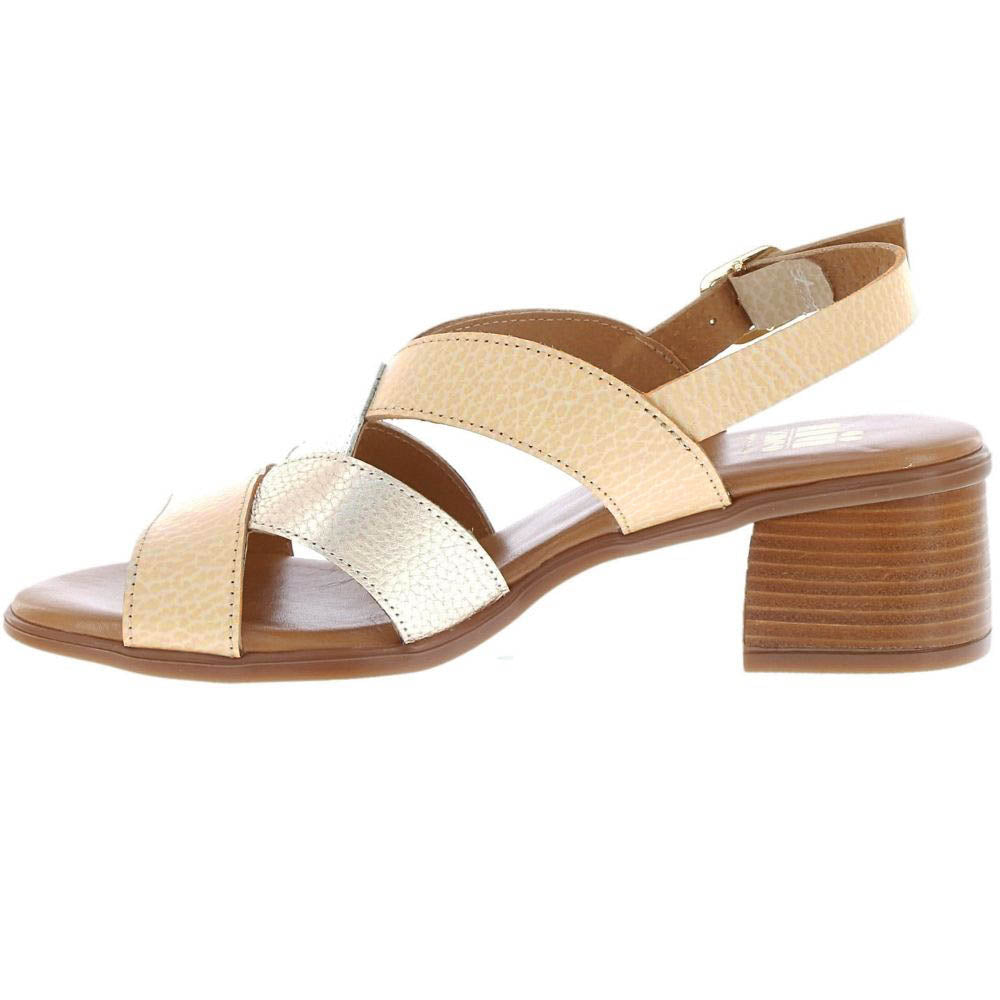 A women's strappy sandal with a low block heel, featuring metallic gold, white and textured beige leather straps, shown in a side profile on a white background.