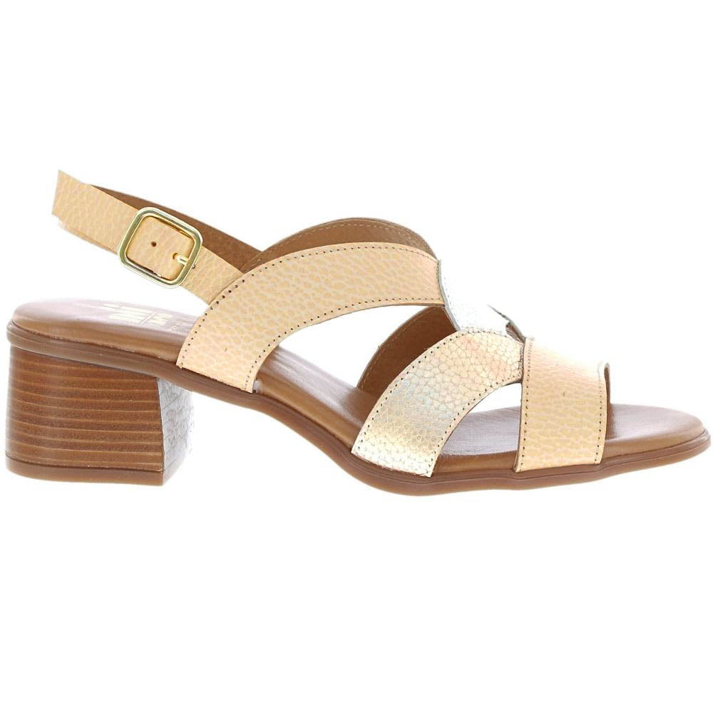 A women's strappy sandal with a low block heel, featuring textured metallic gold, beige and white straps and a brown sole and heel, shown from a side profile on a white background.
