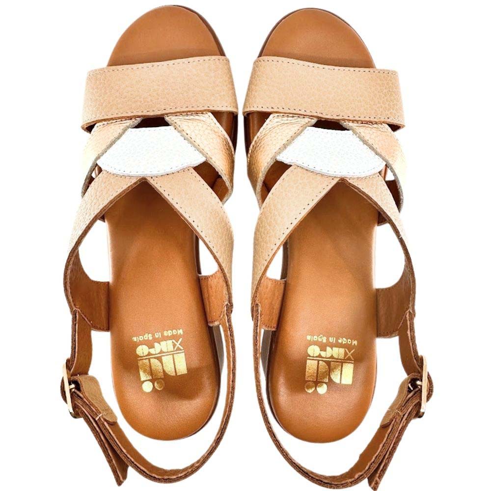 A pair of women's strappy sandals in beige, gold and white leather with a tan insole and gold logo branding, shown from a top-down view on a white background.