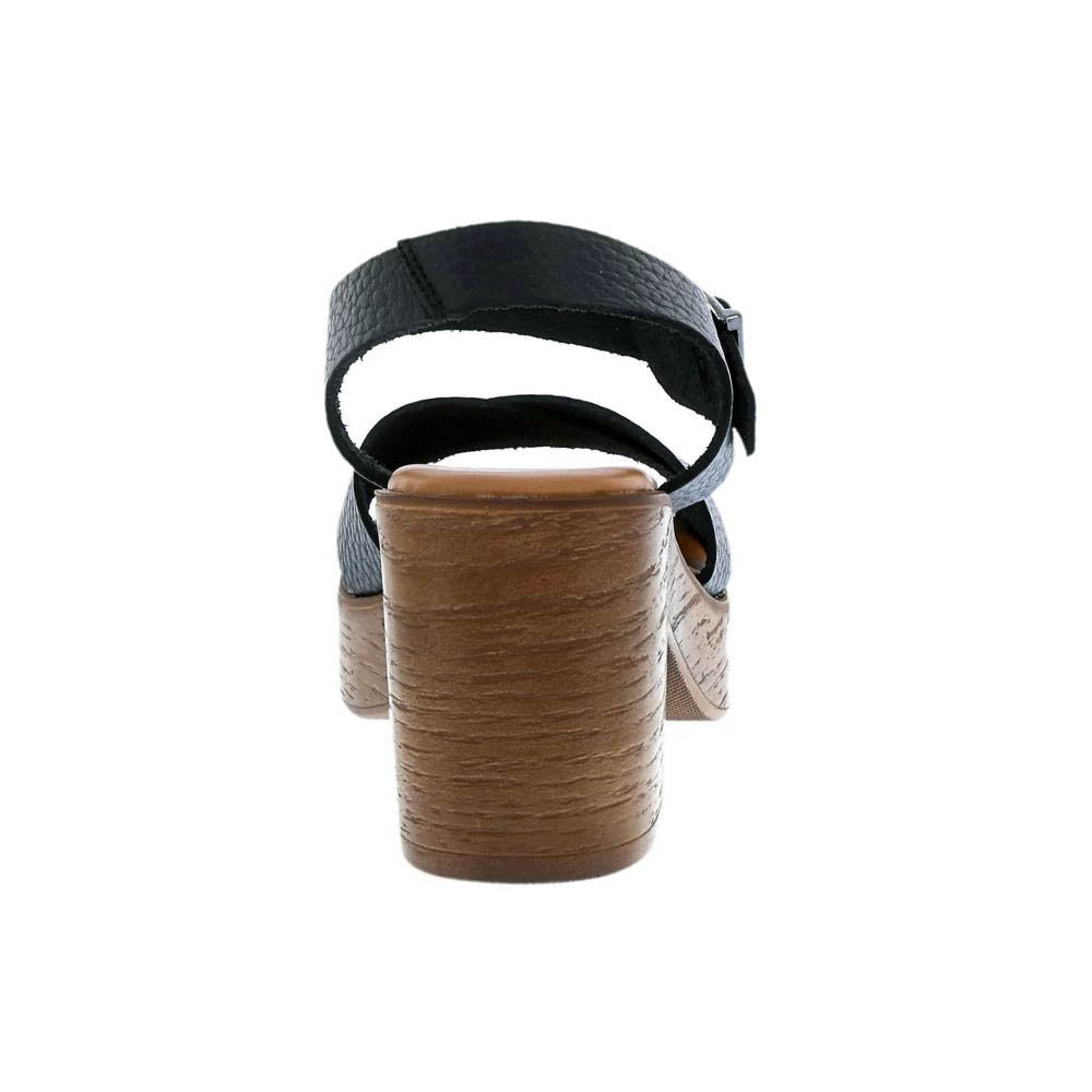 A single black leather block-heel sandal shown from the back, featuring a textured wooden-look block heel and an adjustable ankle strap with a buckle.