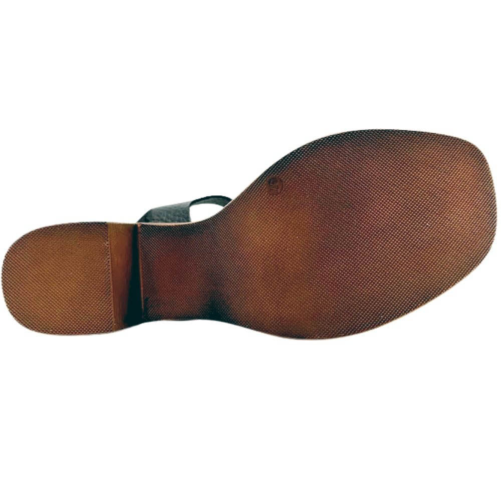 The brown textured rubber outsole of a shoe, showing a heel section and toe cap on a plain white background.