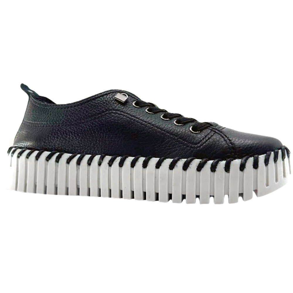Black leather sneaker with a white sole on a white background