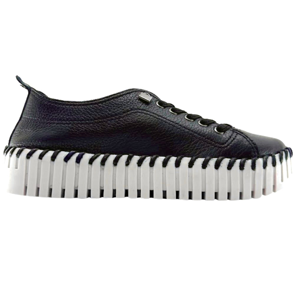 Black leather sneaker with white sole on a white background