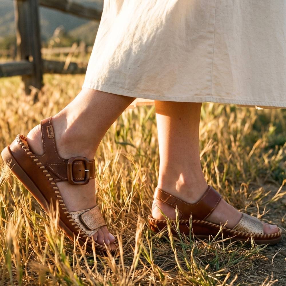 A person wearing brown leather slide sandals with a buckle strap and a metallic gold toe strap, standing in dry grass outdoors at sunset.