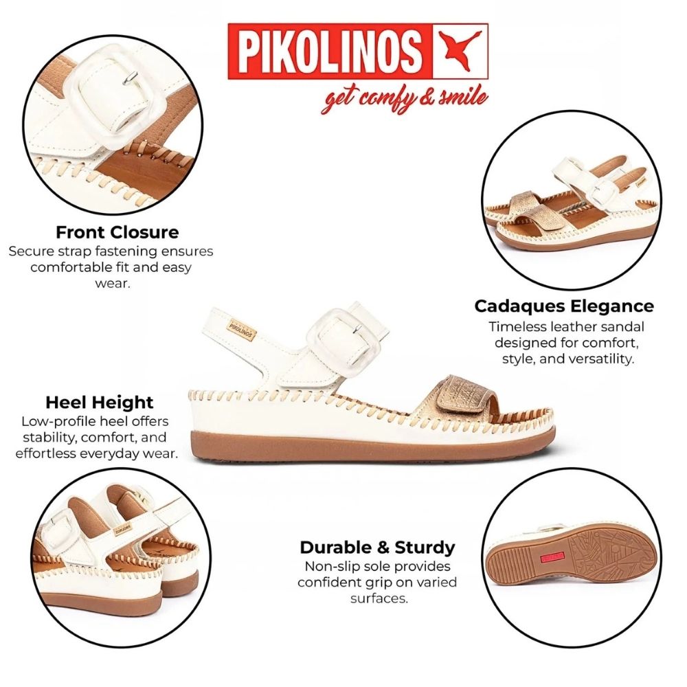 Pikolinos leather sandal shown on a white background with five circular detail callouts and text describing front closure, heel height, durable sole, and comfort features.