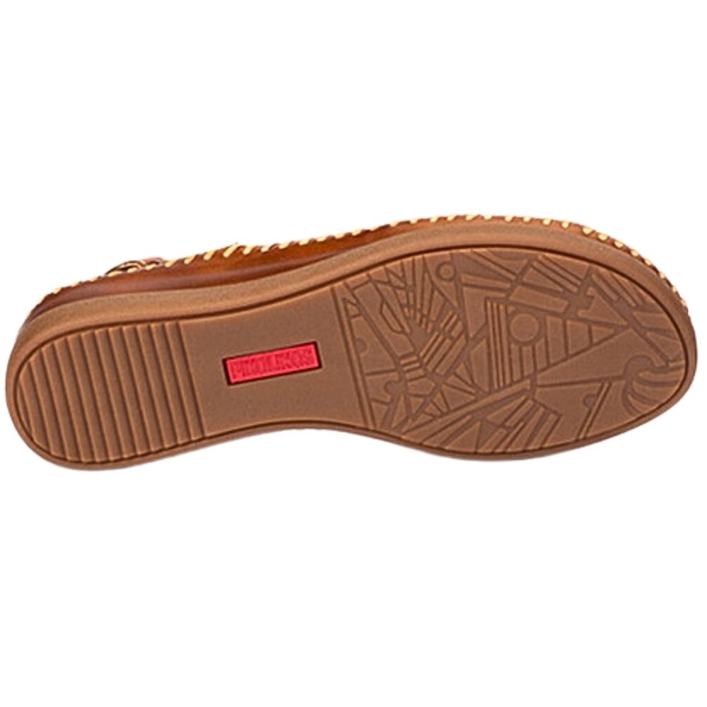 A close-up of a brown shoe sole, showing the tread pattern and a small red rectangular brand label that reads 'PIKOLINOS'.
