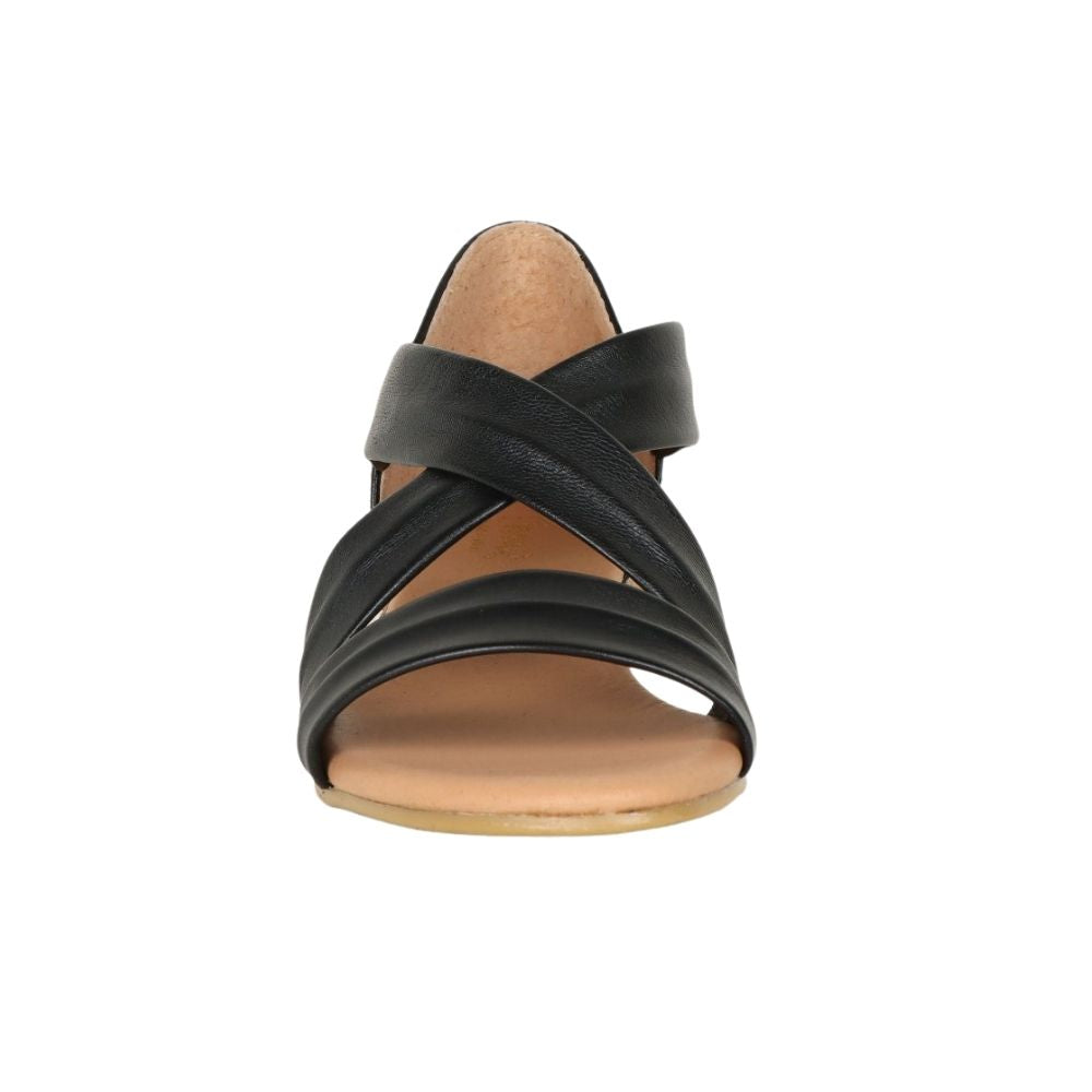 A single black leather strappy sandal shown from a front-facing perspective on a solid white background.