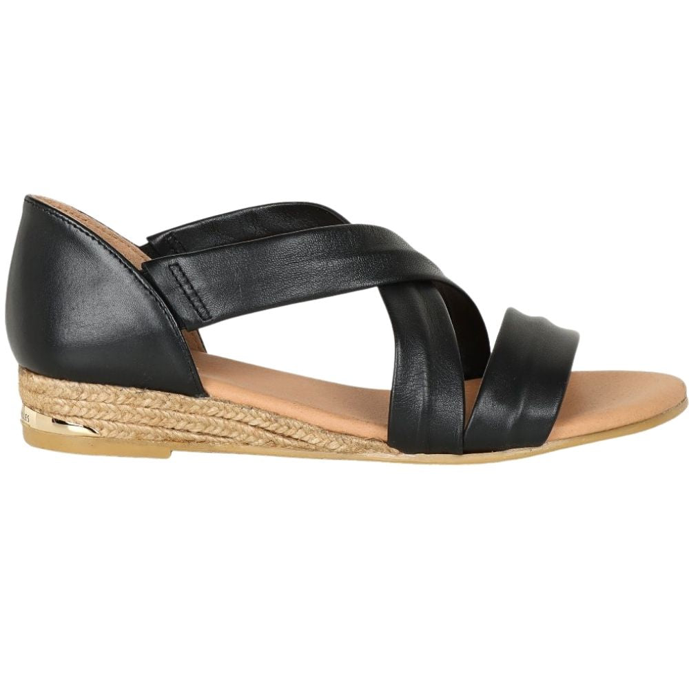 A black leather wedge sandal with crisscrossing straps and a braided jute wedge heel, shown in a side profile on a white background.
