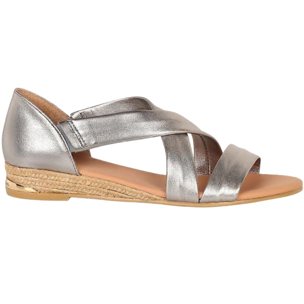 A single metallic pewter espadrille sandal with crisscrossing straps and a braided jute wedge heel, shown in profile against a plain white background.