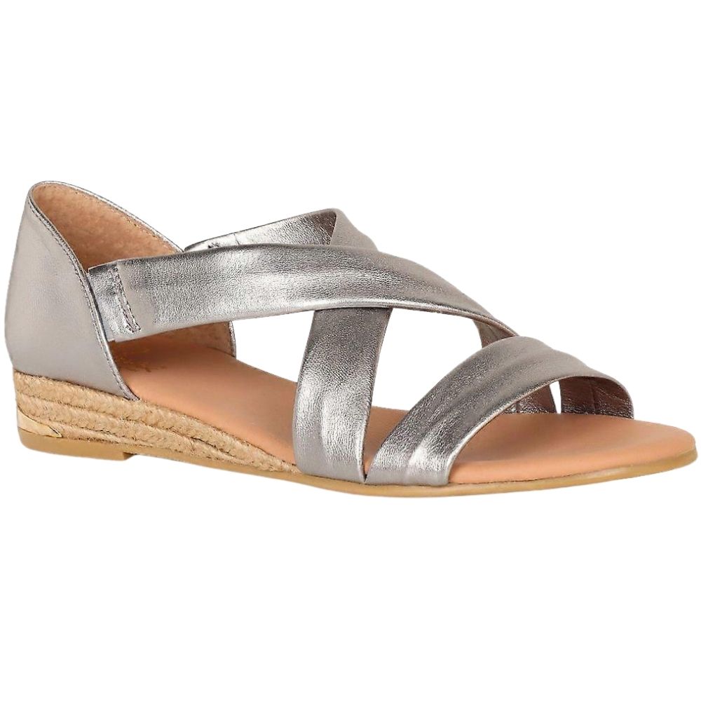 A metallic pewter espadrille sandal with crisscrossing straps and a natural jute-wrapped wedge heel, shown from a side profile on a white background.