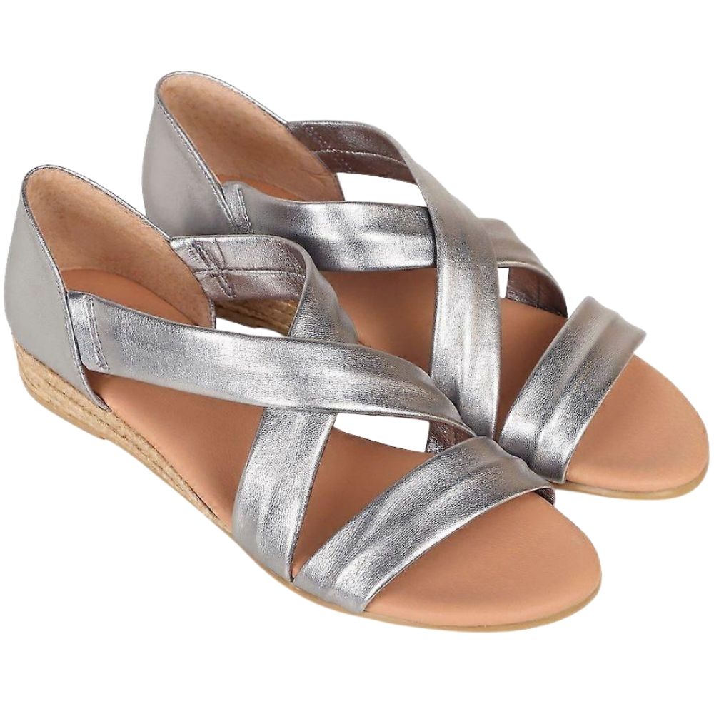 A pair of metallic pewter strappy wedge sandals with a tan footbed and a natural jute-wrapped wedge heel, shown on a plain white background.