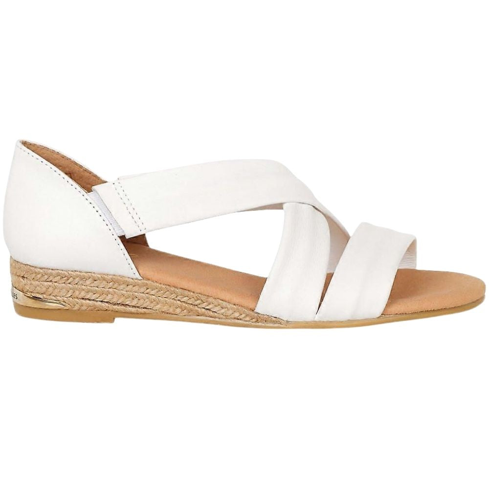White leather sandal with a crossover design on a braided jute espadrille sole on a white background.