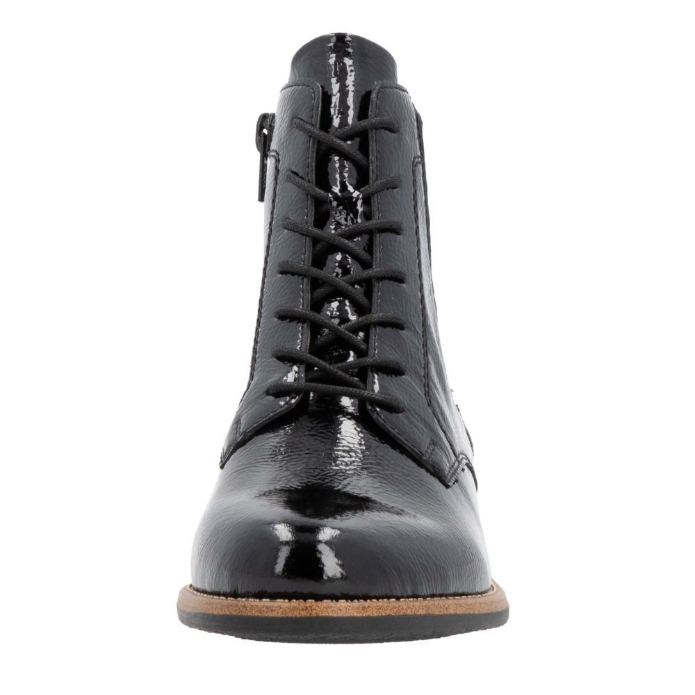 Black patent leather boot with laces on a white background