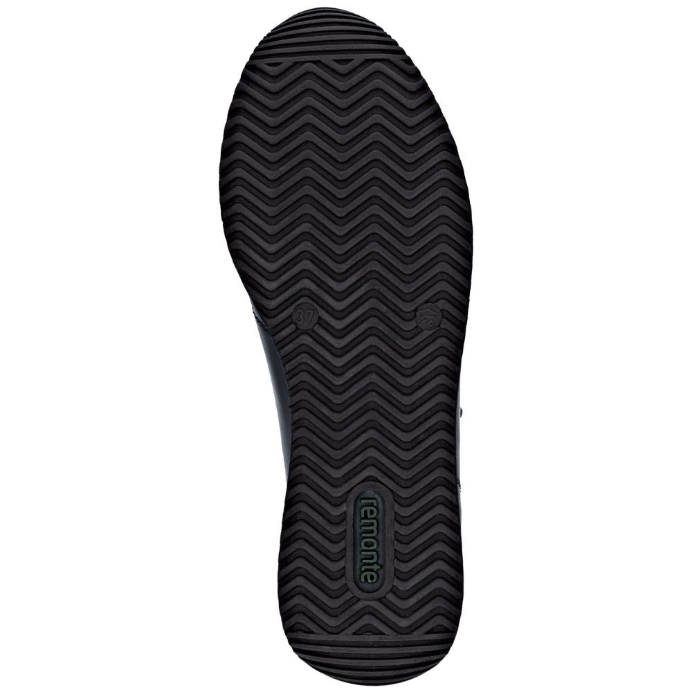 Black shoe sole with zigzag pattern and 'Remonte' branding on a white background