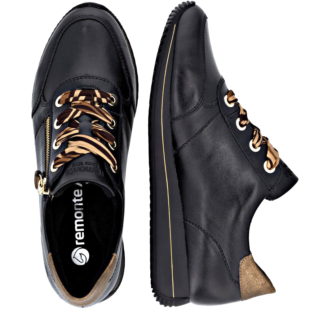 Black leather shoes with striped laces and accents on a white background, featuring the Remonte brand.