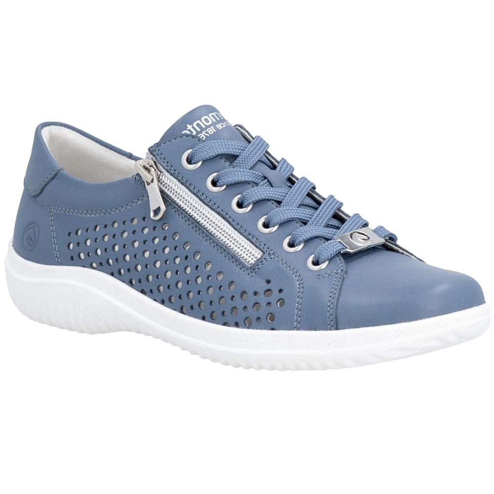 A light blue low-top leather sneaker with a white sole, featuring a side zipper, silver metal eyelets, and perforated detailing on the side panel.