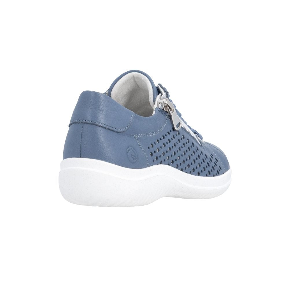 A single light blue leather sneaker with perforated details on the side, featuring a white sole and blue laces, shown from a three-quarters rear angle on a white background.